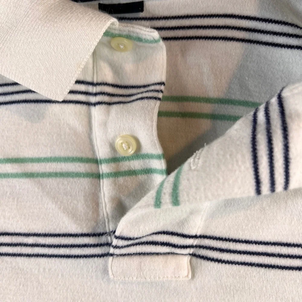 VTG Polo Ralph Lauren Mens Large White Green Navy Blue Striped Cotton Polo Shirt